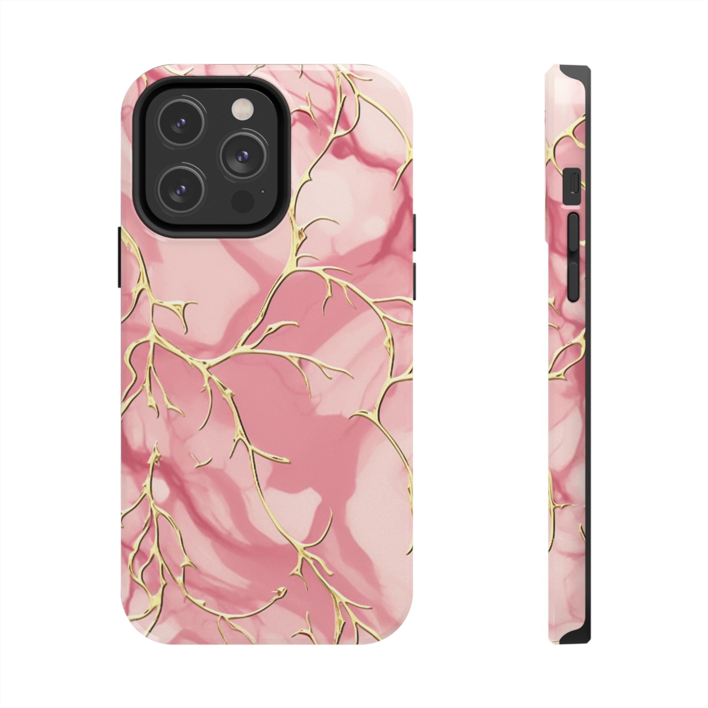 iPhone Elegance Unveiled: Pink & Gold Leaf Marble | Premium Tough iPhone Case