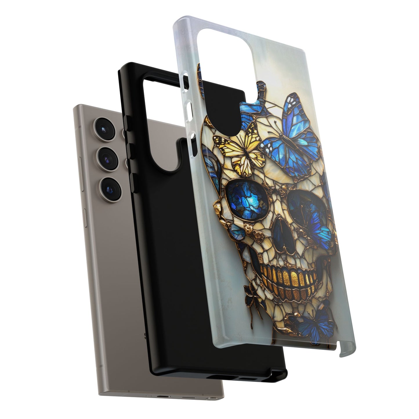 Gold and Blue Stained Glass Skull and Butterflies Phone Cover