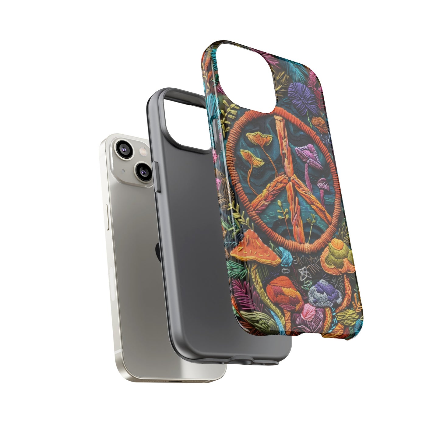 Embroidery Style Magic Mushrooms and Peace Sign Phone Case