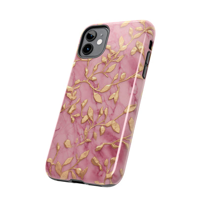 iPhone 14 Case Alluring Elegance: Pink & Gold Leaf Tough iPhone Case