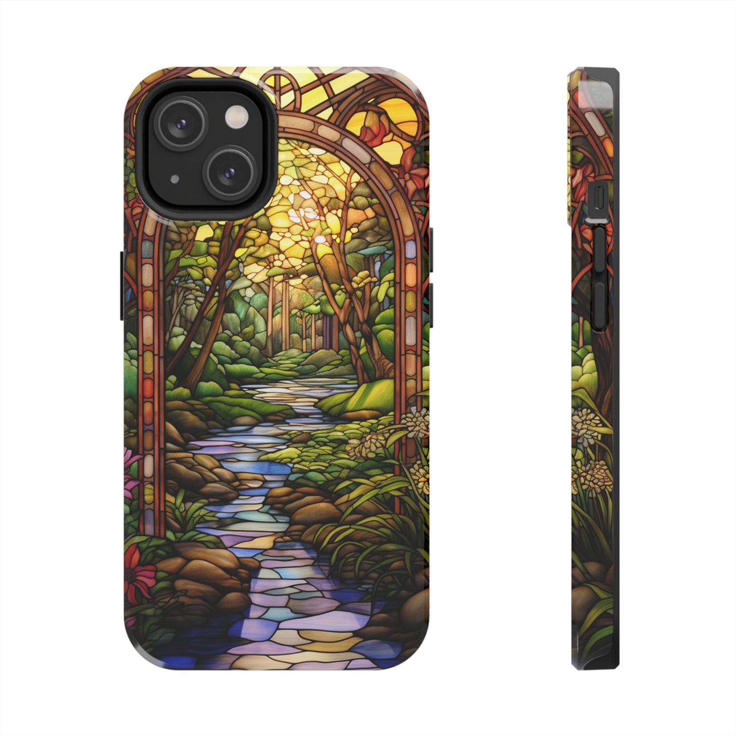 Stained Glass Stone Bridge and River Phone Case: Floral Art Nouveau Design | Bohemian Elegance for iPhone 14 Pro Max, iPhone 14 Plus