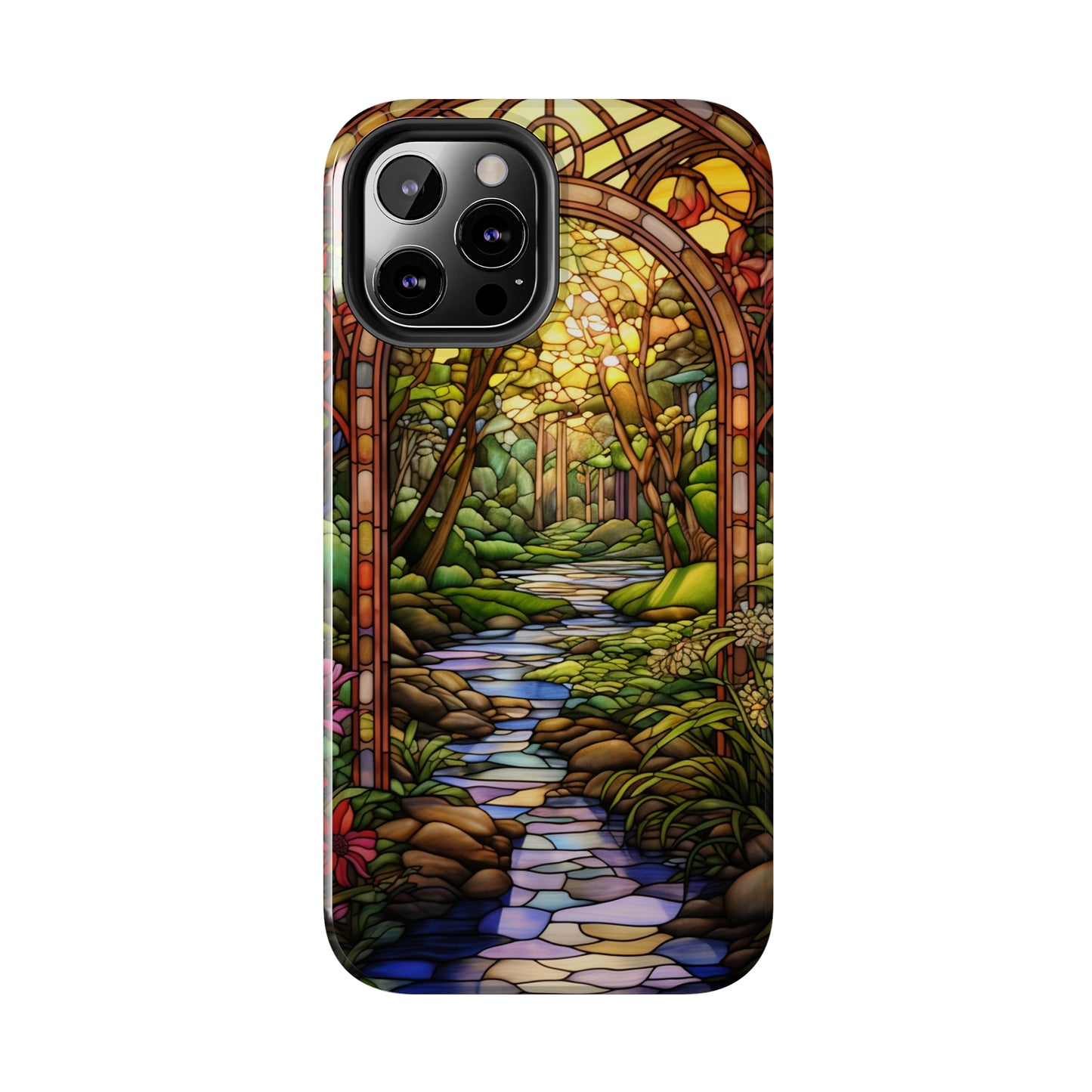 Stained Glass Stone Bridge and River Phone Case: Floral Art Nouveau Design | Bohemian Elegance for iPhone 14 Pro Max, iPhone 14 Plus