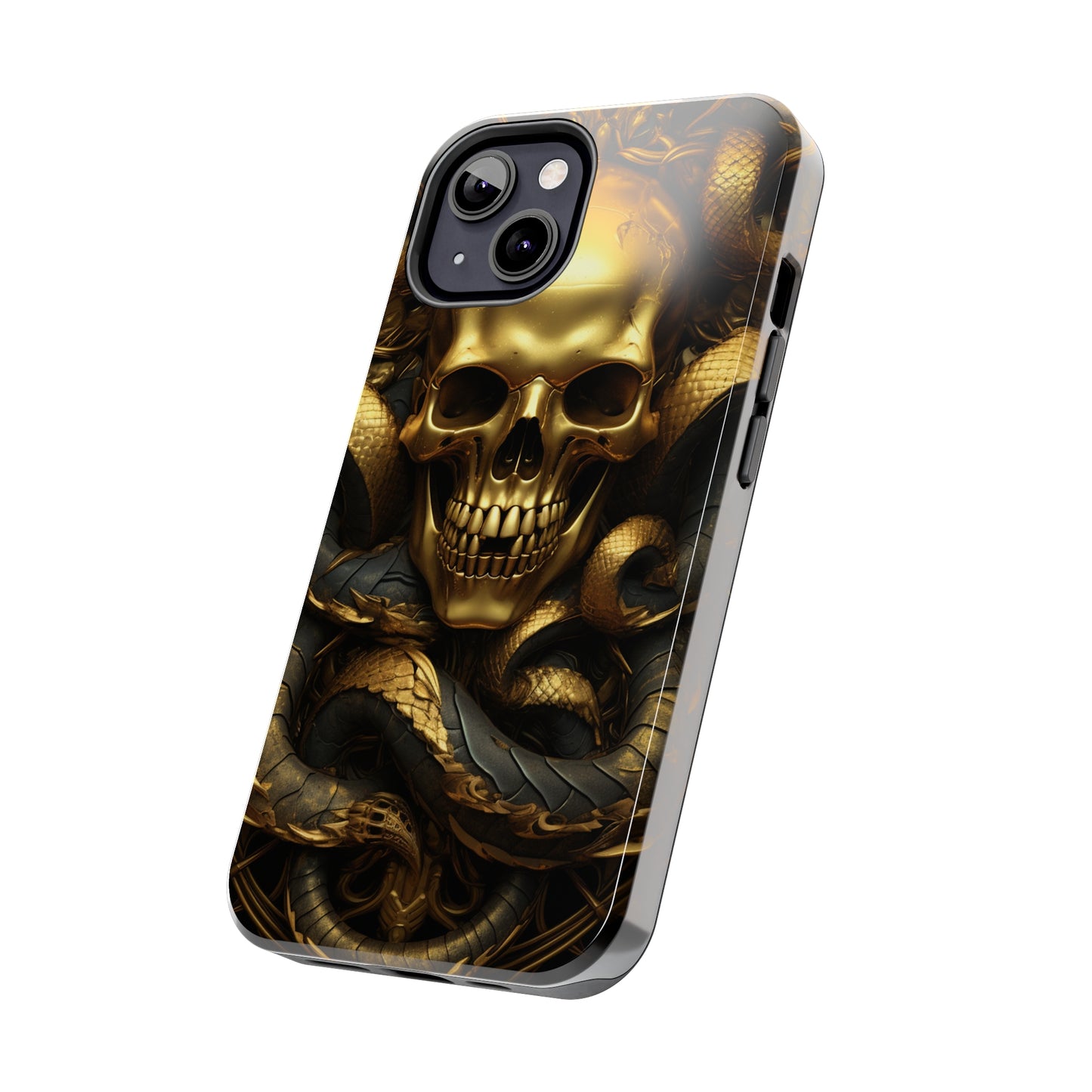 iPhone 14 Case Dark Elegance: Gold Skulls and Snakes Tough iPhone Case | An Edgy Goth Delight