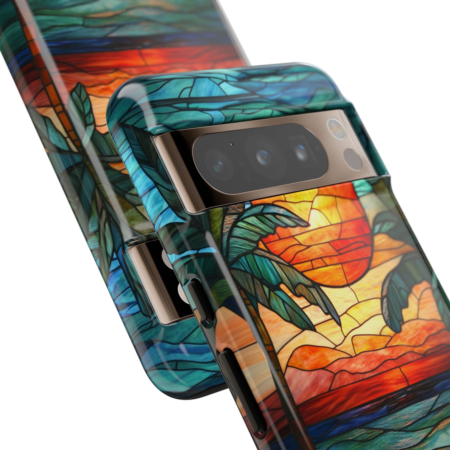 Tropical Stained Glass Palm tree Sunset Beach iPhone 15 Case