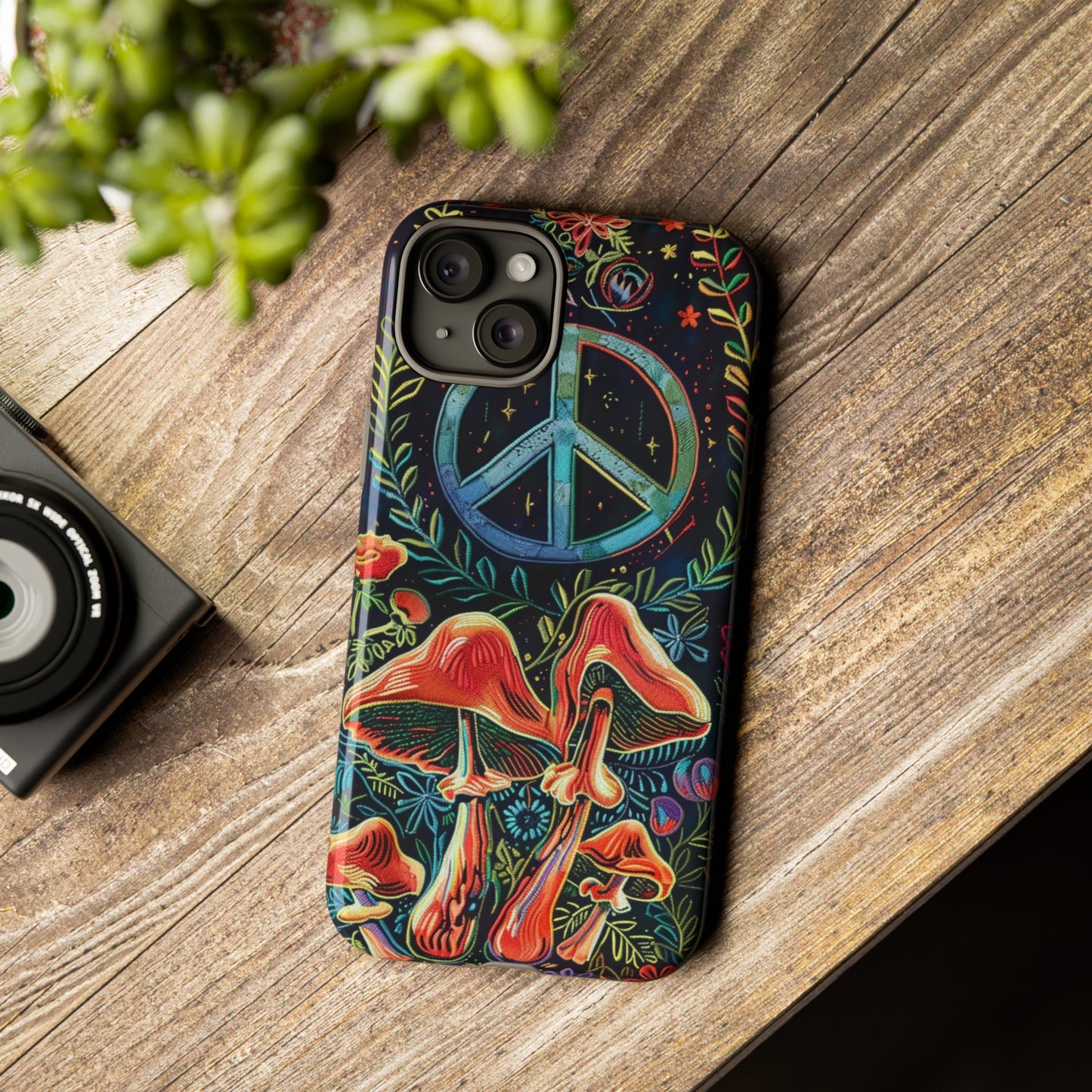 Embroidery Style Magic Mushrooms and Peace Sign Phone Case