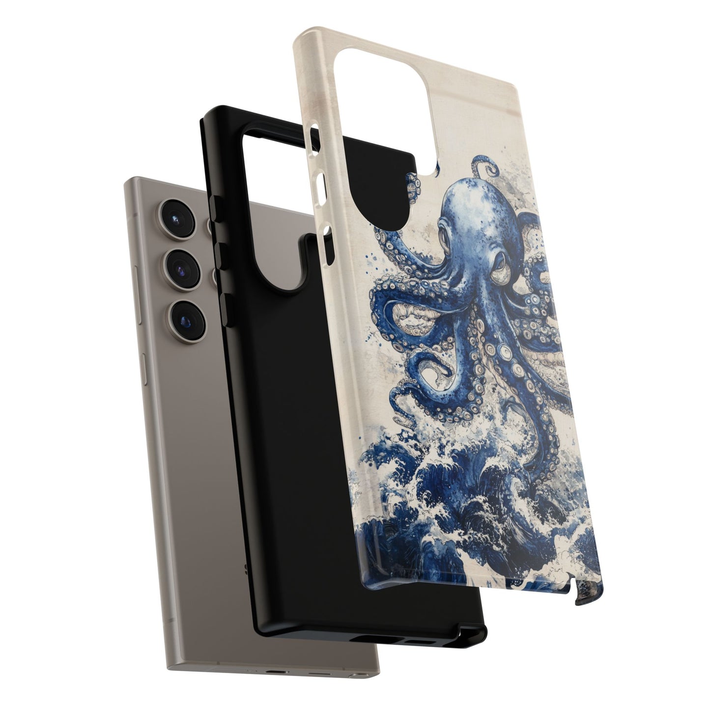 Vintage Japanese Art Style Blue Octopus and Waves Phone Cover