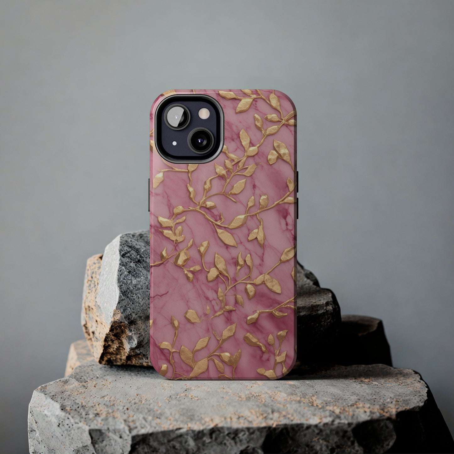 iPhone 14 Case Alluring Elegance: Pink & Gold Leaf Tough iPhone Case