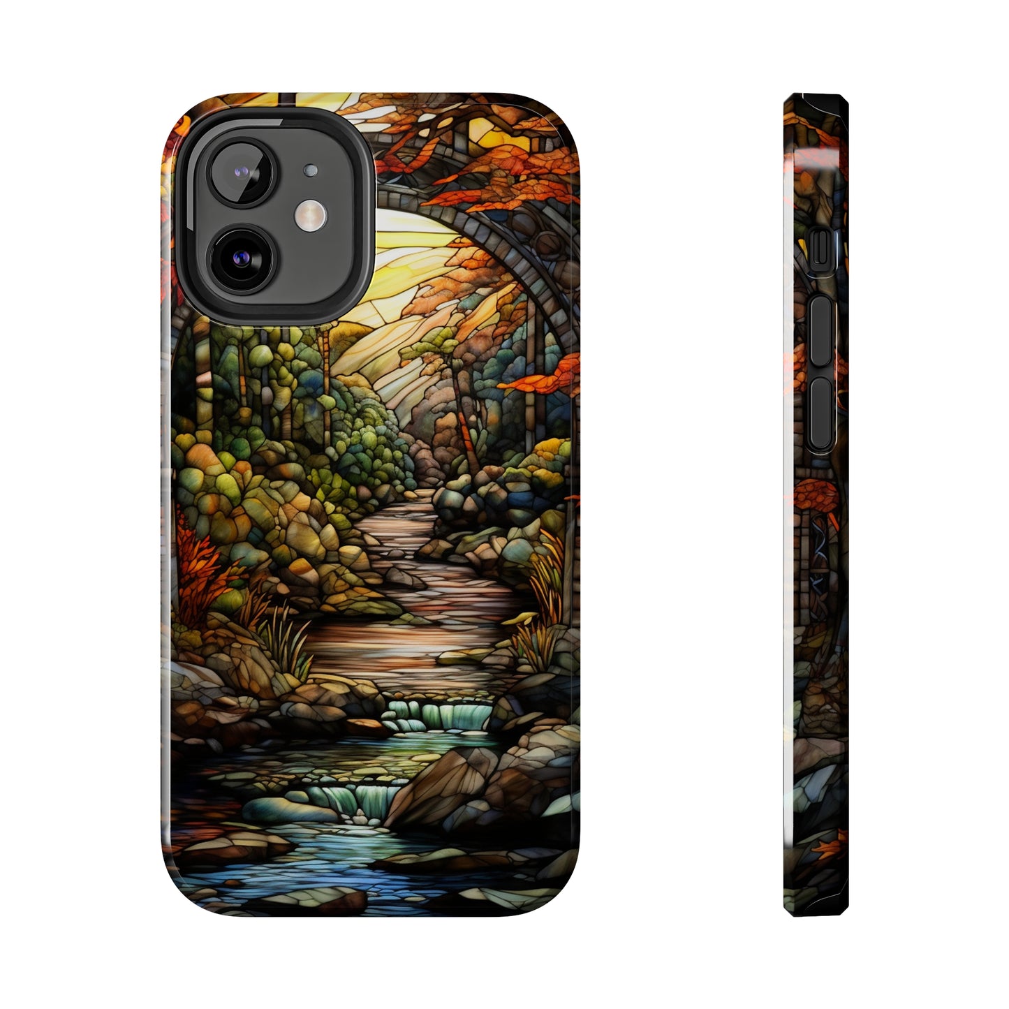 Stained Glass Stone Bridge and River: Floral Art Nouveau Phone Case | Bohemian Elegance for iPhone 14 down to iPhone 7 Models