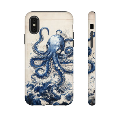 Vintage Japanese Art Style Blue Octopus and Waves Phone Cover