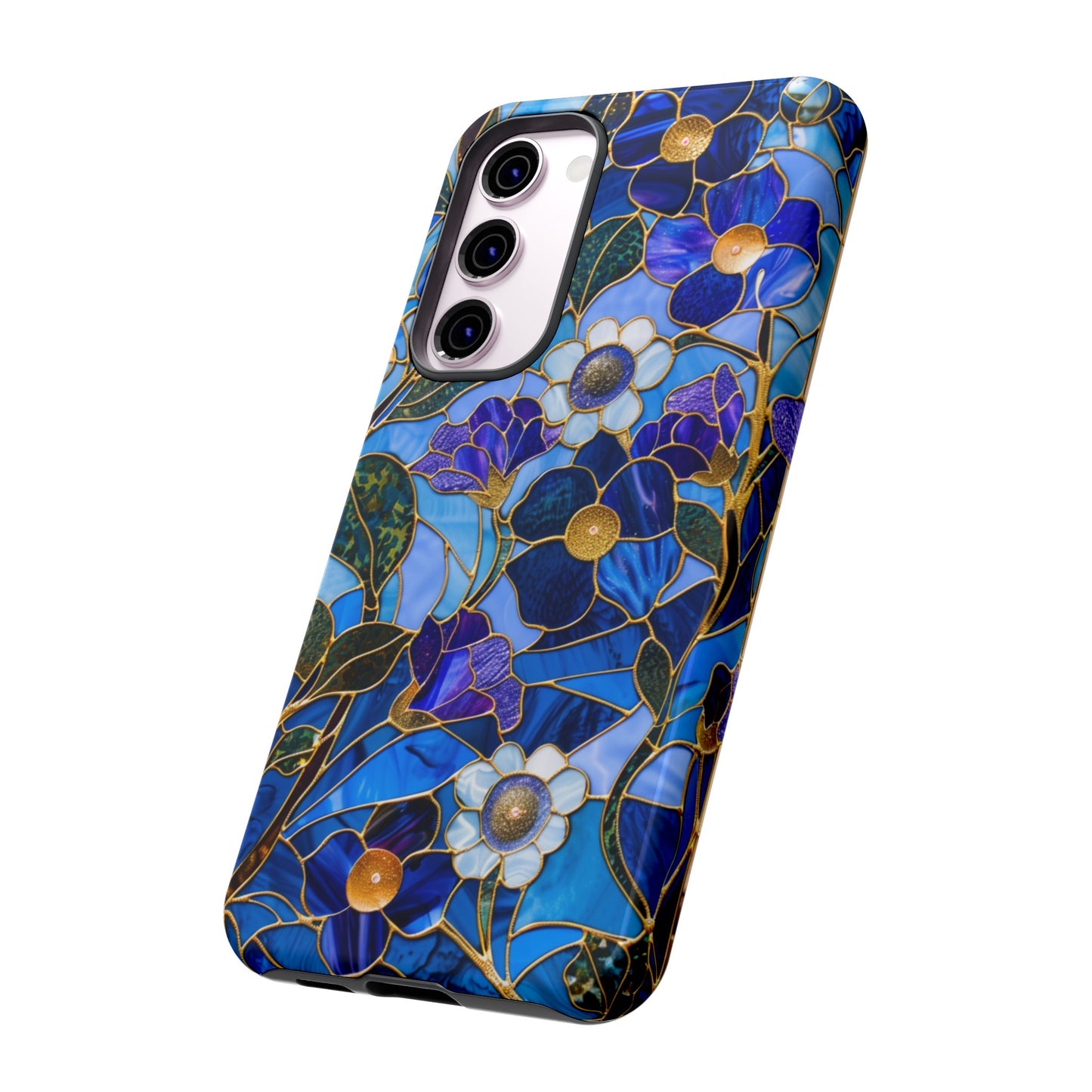 Blue Floral Stained Glass Gold Inlay Wild Flowers Phone Case