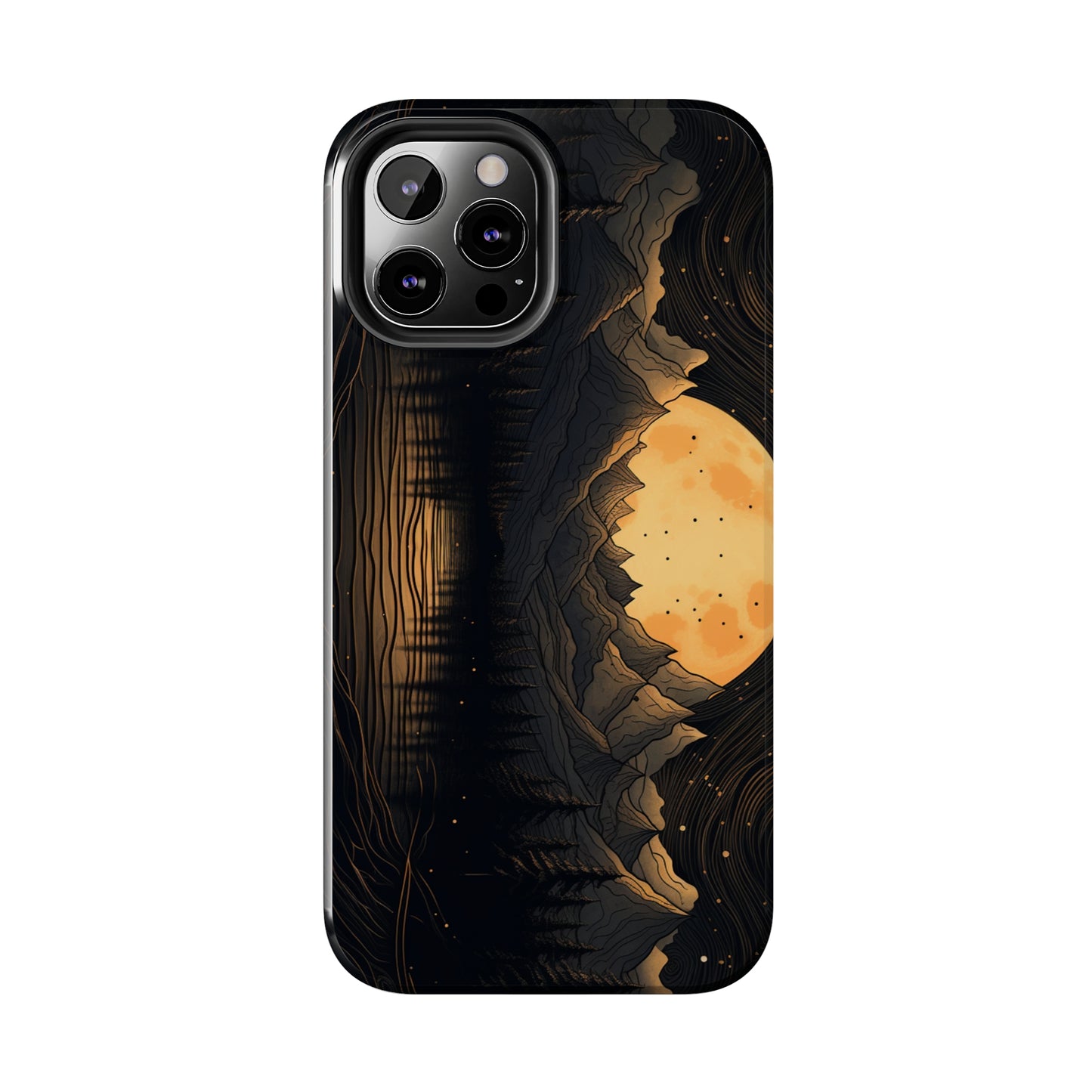 Abstract Landscape Black and Gold Mountains iPhone Case | Embrace the Mystical Full Moon