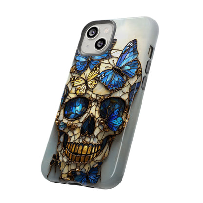 Gold and Blue Stained Glass Skull and Butterflies Phone Cover