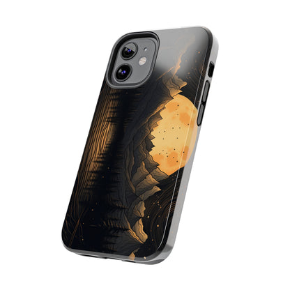 Abstract Landscape Black and Gold Mountains iPhone Case | Embrace the Mystical Full Moon