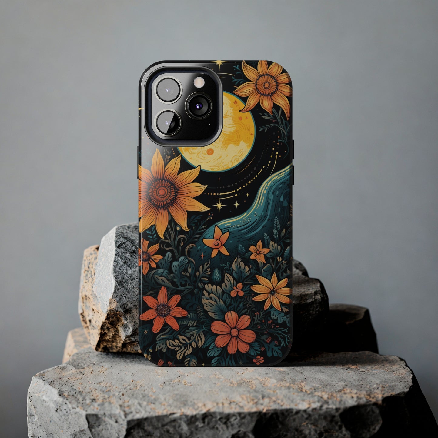 Boho Meets Cottagecore: Floral Sun, Moon & Stars iPhone Case – A Celestial Delight