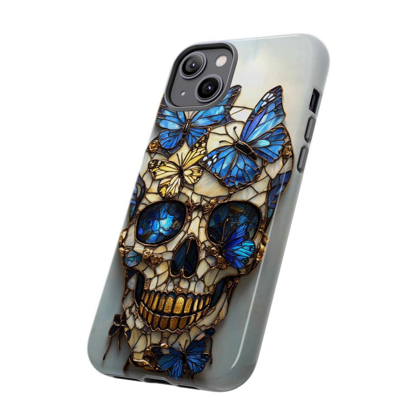 Gold and Blue Stained Glass Skull and Butterflies Phone Cover