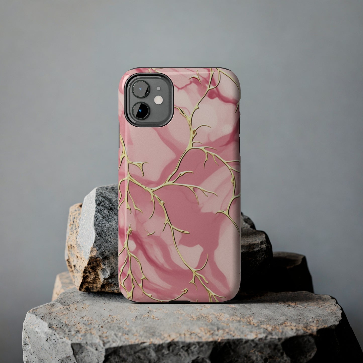 iPhone Elegance Unveiled: Pink & Gold Leaf Marble | Premium Tough iPhone Case