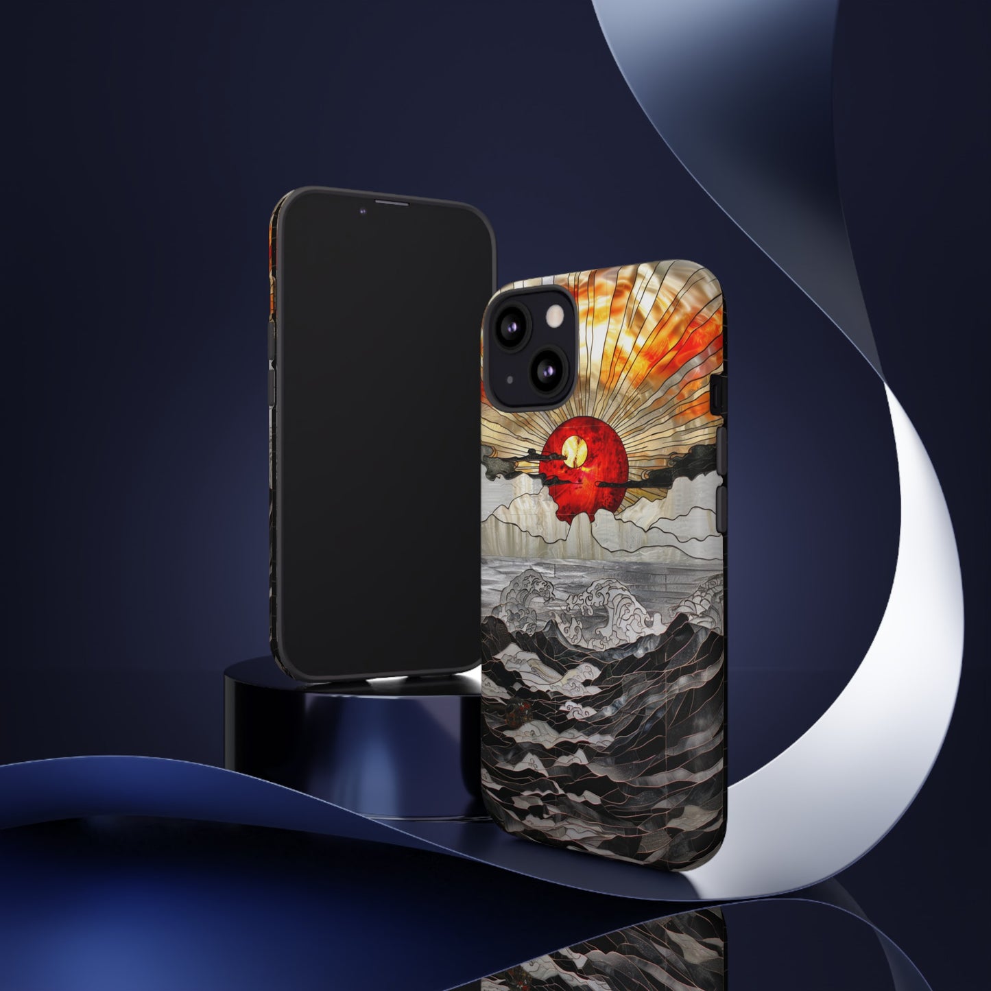 Japanese Rising Sun Phone Case Stained Glass Ocean Wave Phone Cover iPhone 15 Case