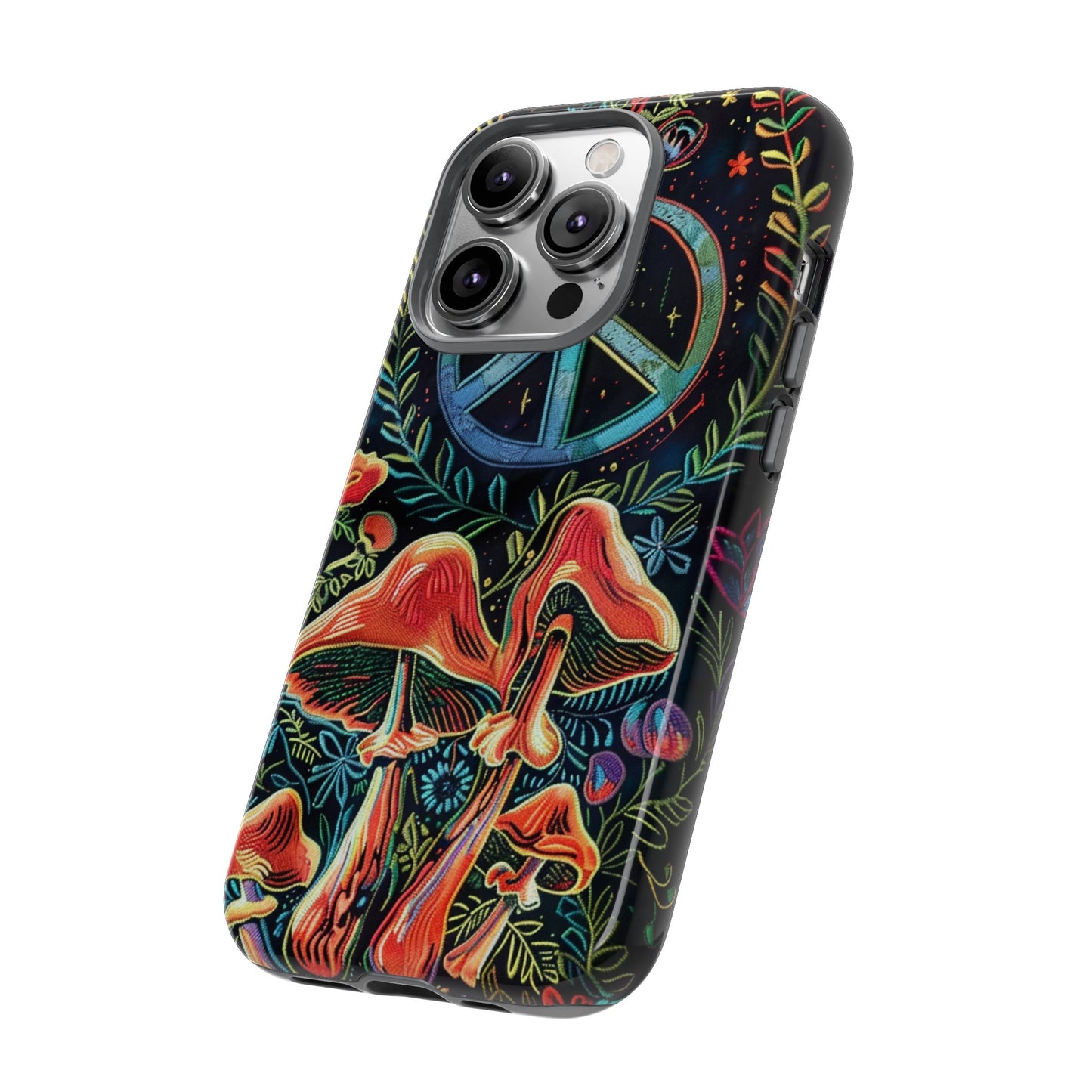 Embroidery Style Magic Mushrooms and Peace Sign Phone Case