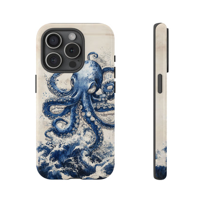 Vintage Japanese Art Style Blue Octopus and Waves Phone Cover