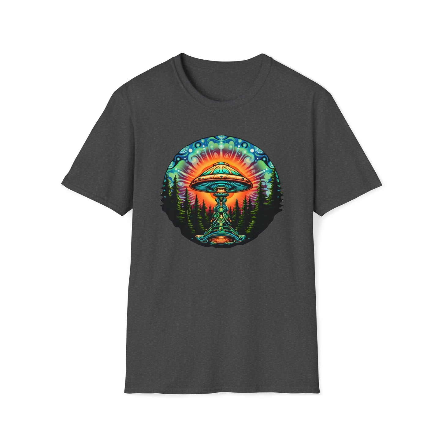 Trippy UFO Galactic Tee - Unisex Cosmic Alien Encounter T-Shirt, Vibrant Space Design