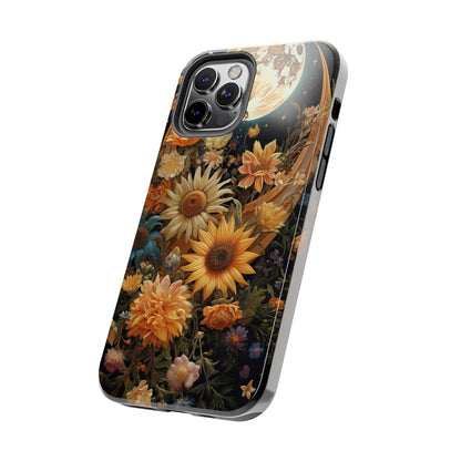 iPhone 12 and 13 case capturing floral beauty under sun, moon, and stars