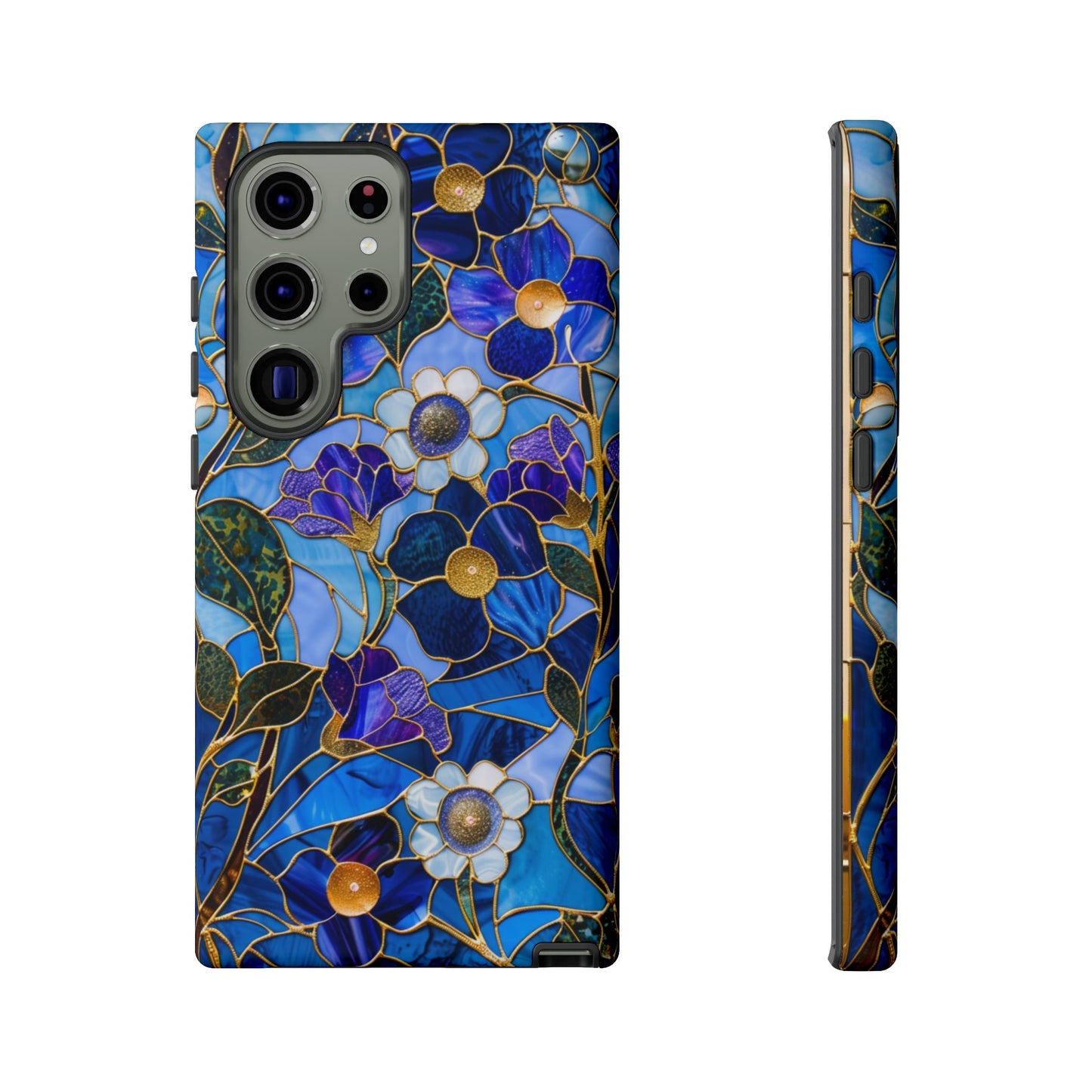 Blue Floral Stained Glass Gold Inlay Wild Flowers Phone Case