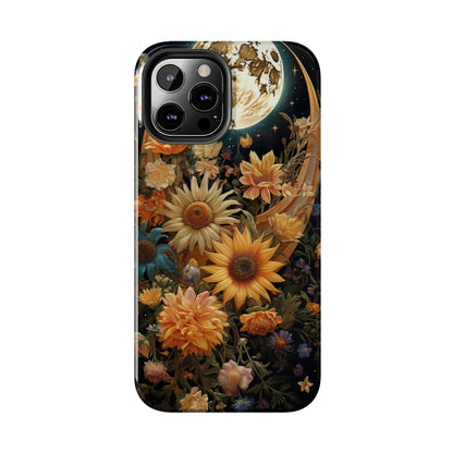 Celestial Charm: iPhone Case with Boho Cottagecore Fusion of Floral, Sun, Moon & Stars