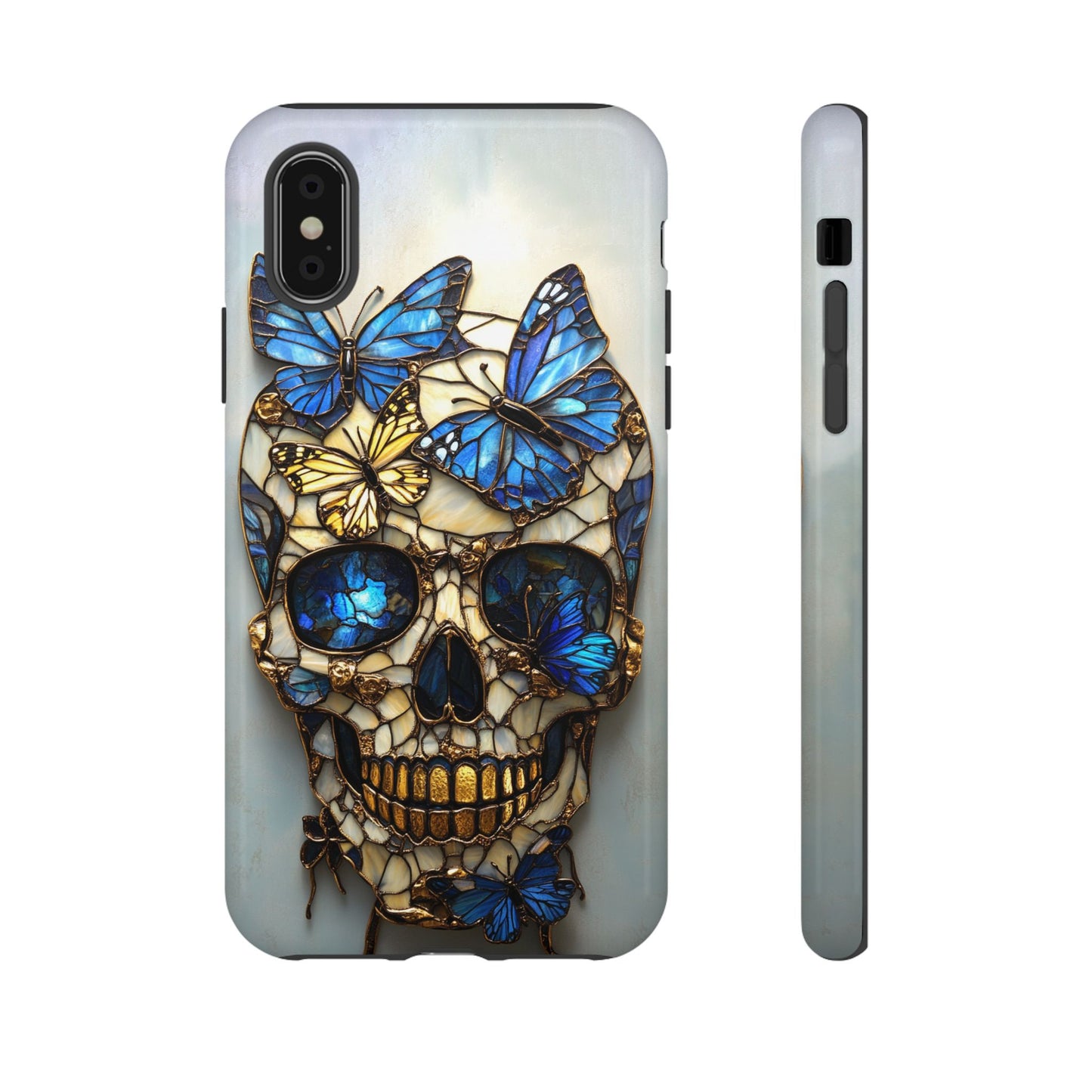 Gold and Blue Stained Glass Skull and Butterflies Phone Cover