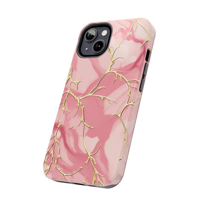 iPhone Elegance Unveiled: Pink & Gold Leaf Marble | Premium Tough iPhone Case