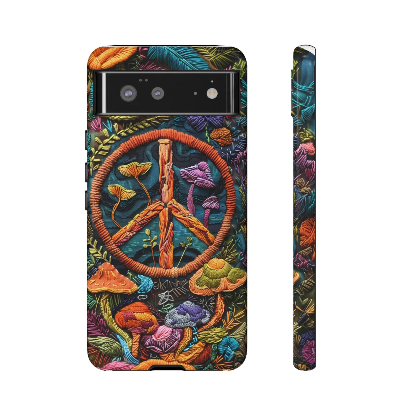 Embroidery Style Magic Mushrooms and Peace Sign Phone Case