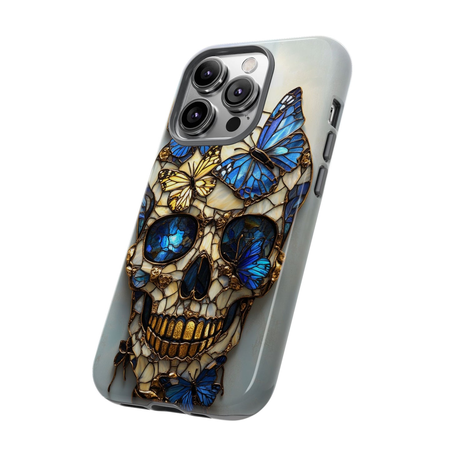 Gold and Blue Stained Glass Skull and Butterflies Phone Cover