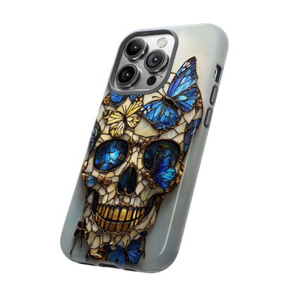 Gold and Blue Stained Glass Skull and Butterflies Phone Cover