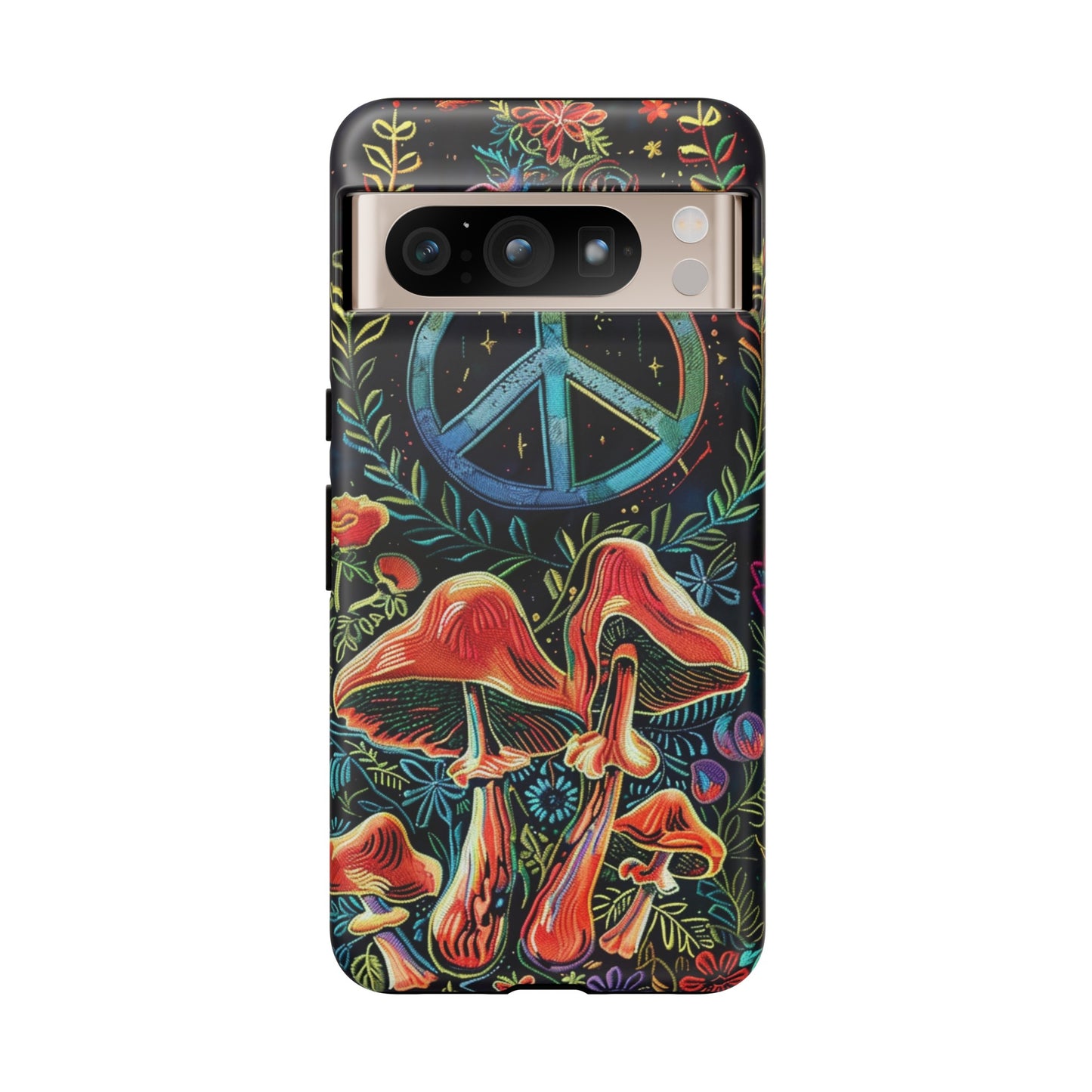 Embroidery Style Magic Mushrooms and Peace Sign Phone Case