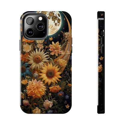 Celestial Charm: iPhone Case with Boho Cottagecore Fusion of Floral, Sun, Moon & Stars