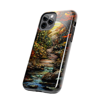 Stained Glass Stone Bridge and River: Floral Art Nouveau Phone Case | Bohemian Elegance for iPhone 14 down to iPhone 7 Models