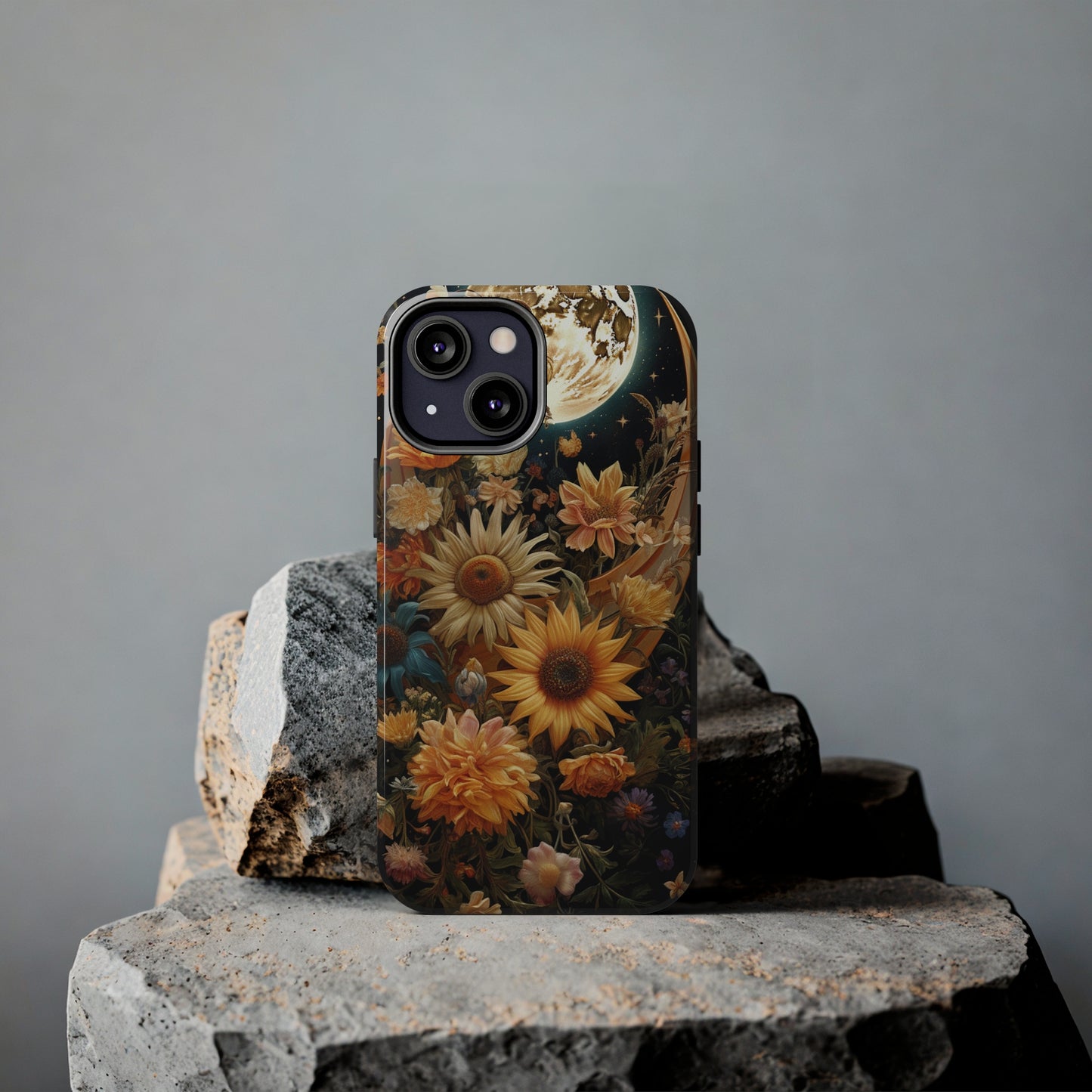 Celestial Charm: iPhone Case with Boho Cottagecore Fusion of Floral, Sun, Moon & Stars