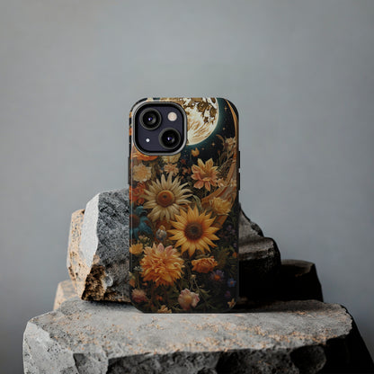 Celestial Charm: iPhone Case with Boho Cottagecore Fusion of Floral, Sun, Moon & Stars