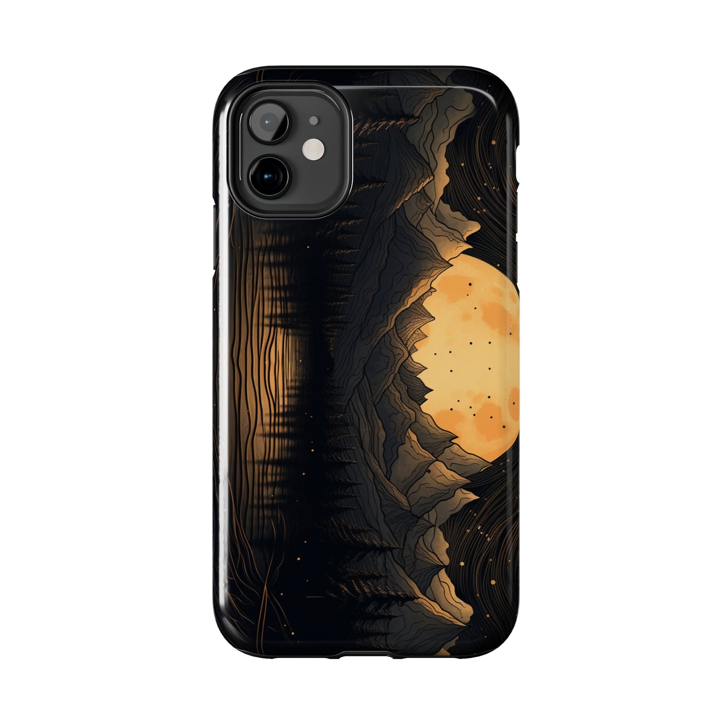 Abstract Landscape Black and Gold Mountains iPhone Case | Embrace the Mystical Full Moon