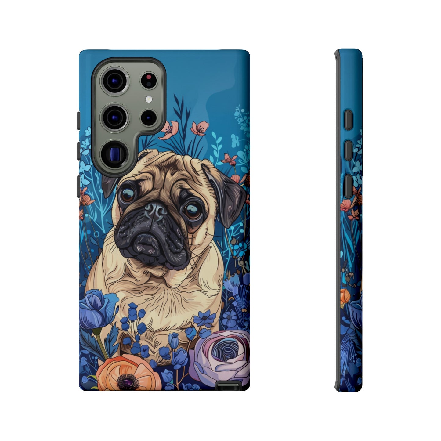 Cute Pug Dog Blue Floral Design Phone Case