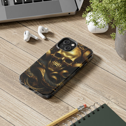 iPhone 14 Case Dark Elegance: Gold Skulls and Snakes Tough iPhone Case | An Edgy Goth Delight