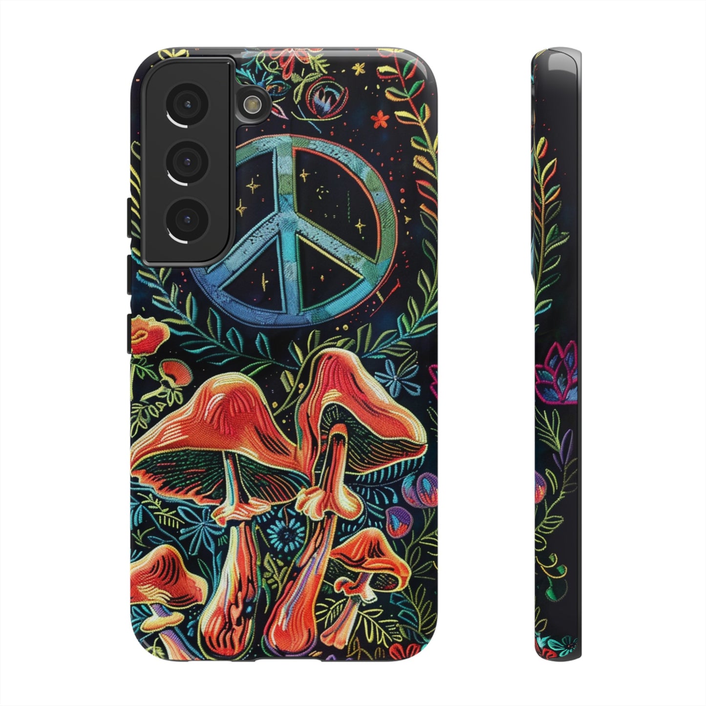 Embroidery Style Magic Mushrooms and Peace Sign Phone Case