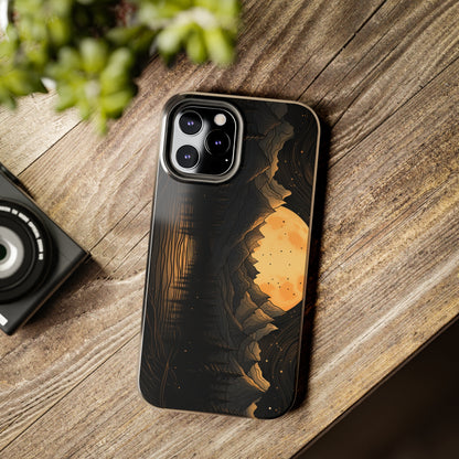 Abstract Landscape Black and Gold Mountains iPhone Case | Embrace the Mystical Full Moon