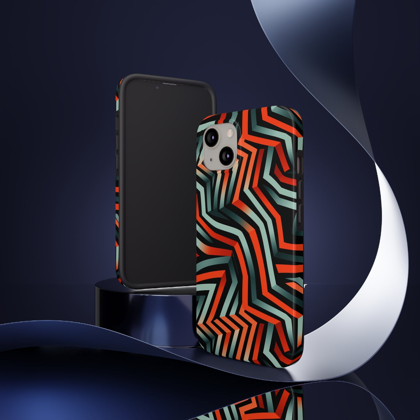 Abstract Wave Pattern Black, Blue, and Orange Psychedelic Tough iPhone Case | Embrace Vibrant Style and Reliable Protection