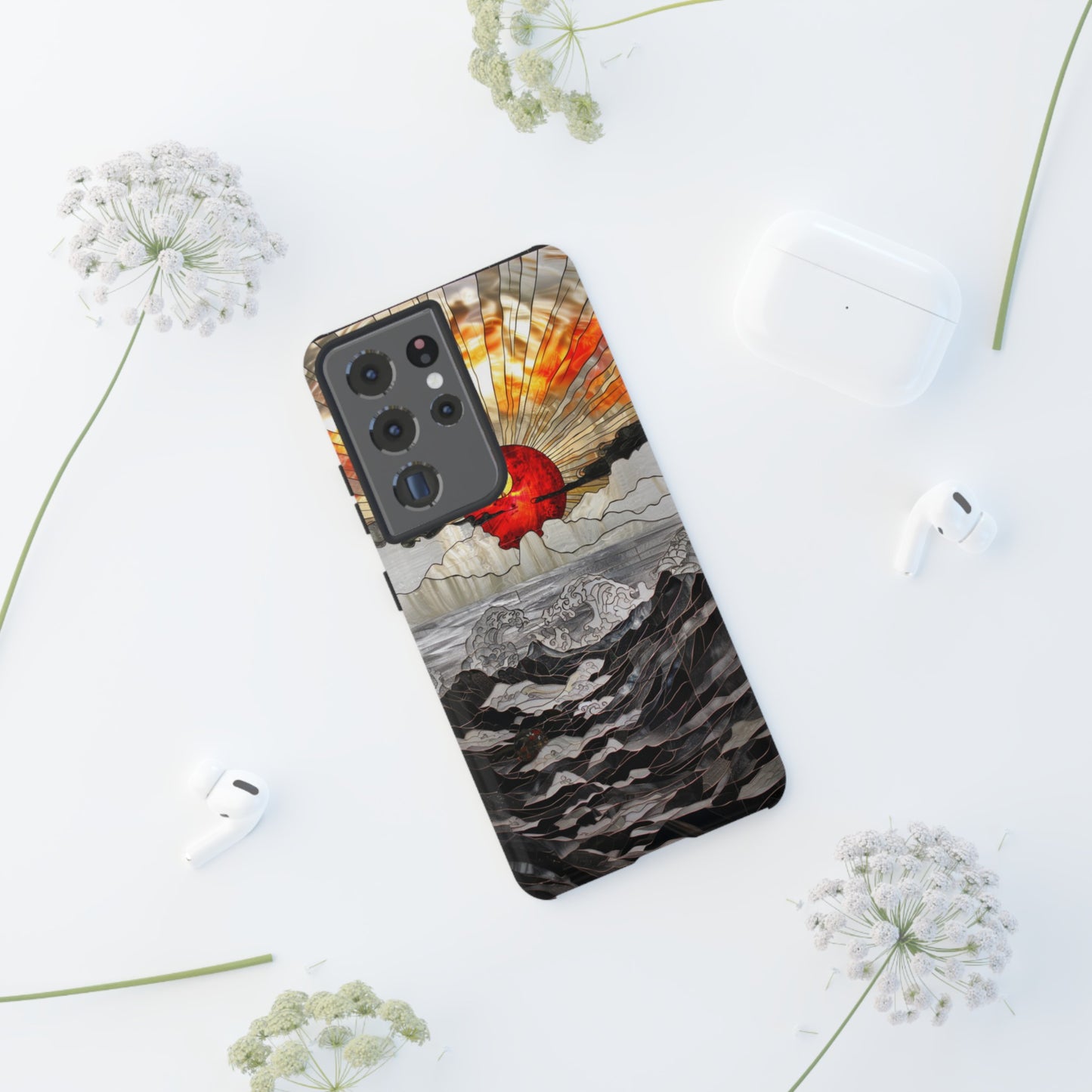 Japanese Rising Sun Phone Case Stained Glass Ocean Wave Phone Cover iPhone 15 Case