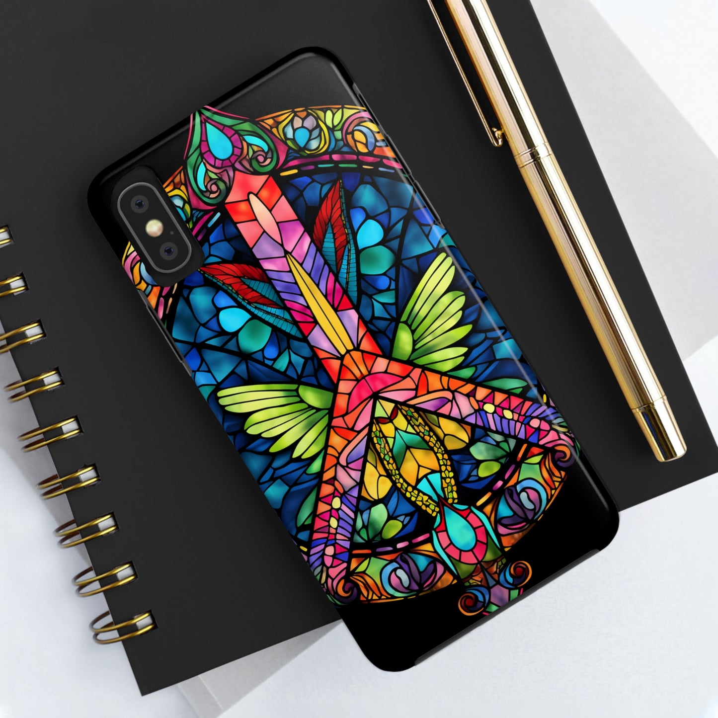 Peace Stained Glass Tough iPhone Case | Trippy Psychedelic Art Flowers Floral Aesthetic Retro iPhone 14 Plus 13 12 7 8 Se Trendy Hippie Boho