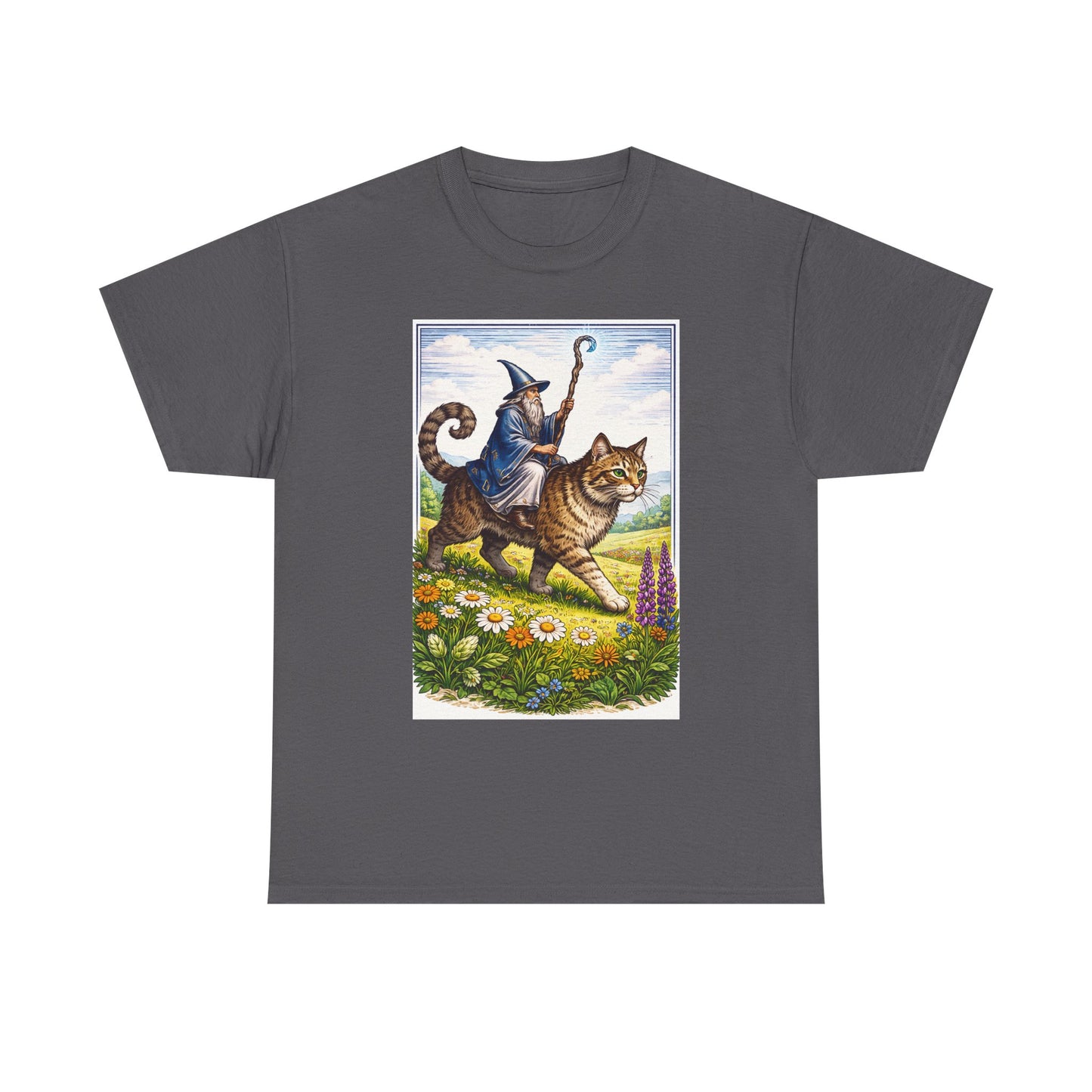 Wizard Cat Rider Vintage Fantasy T Shirt Funny Sorcerer Tee