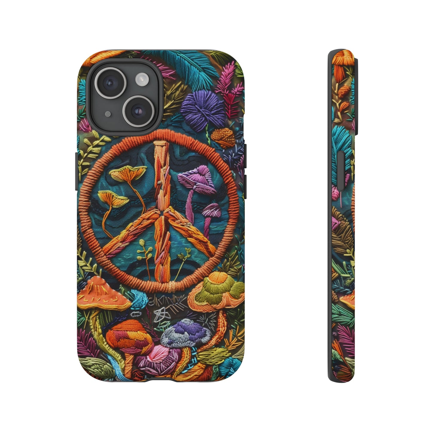 Embroidery Style Magic Mushrooms and Peace Sign Phone Case