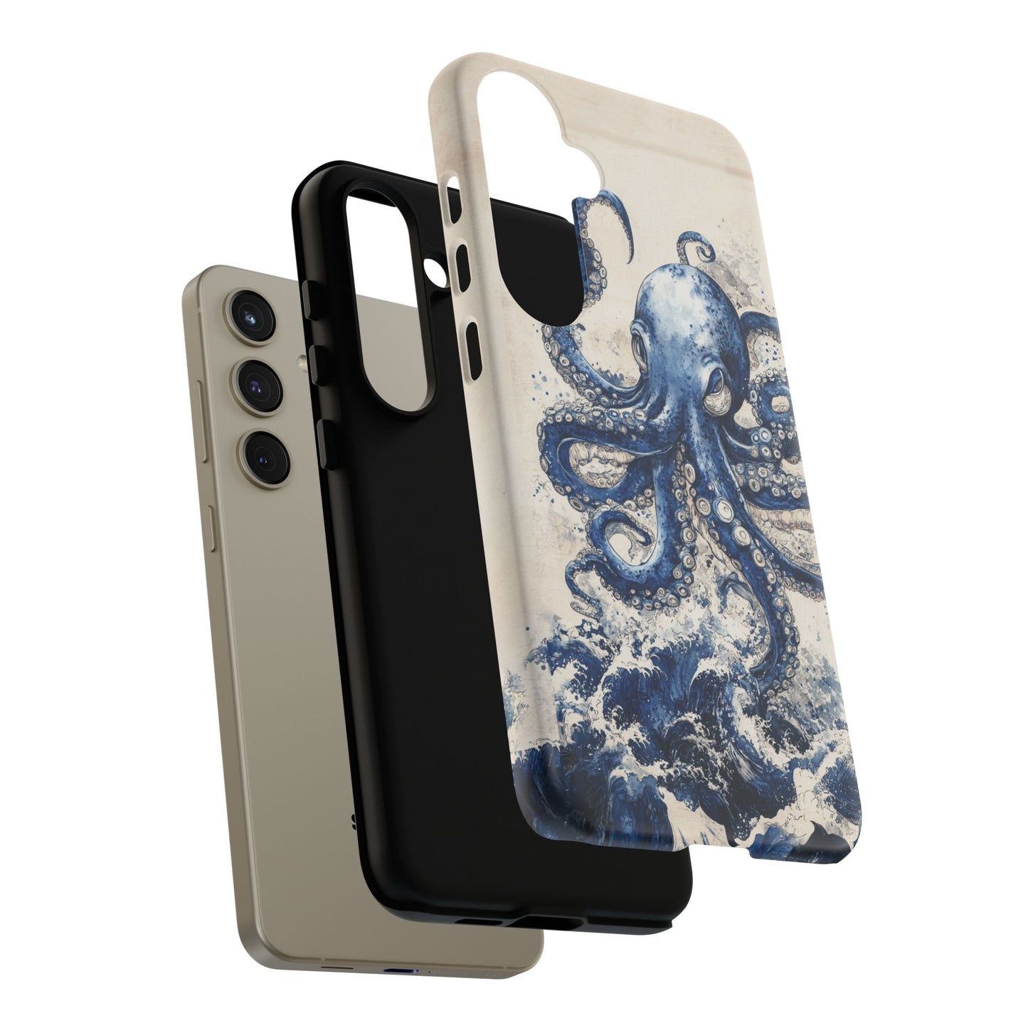 Vintage Japanese Art Style Blue Octopus and Waves Phone Cover