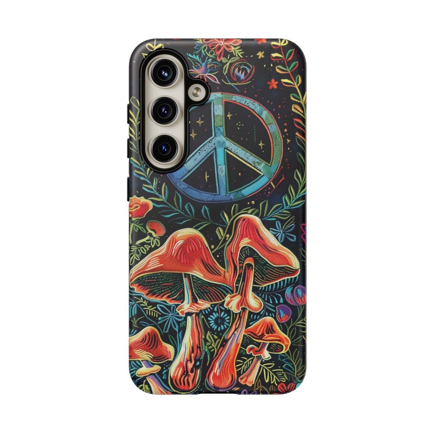 Embroidery Style Magic Mushrooms and Peace Sign Phone Case