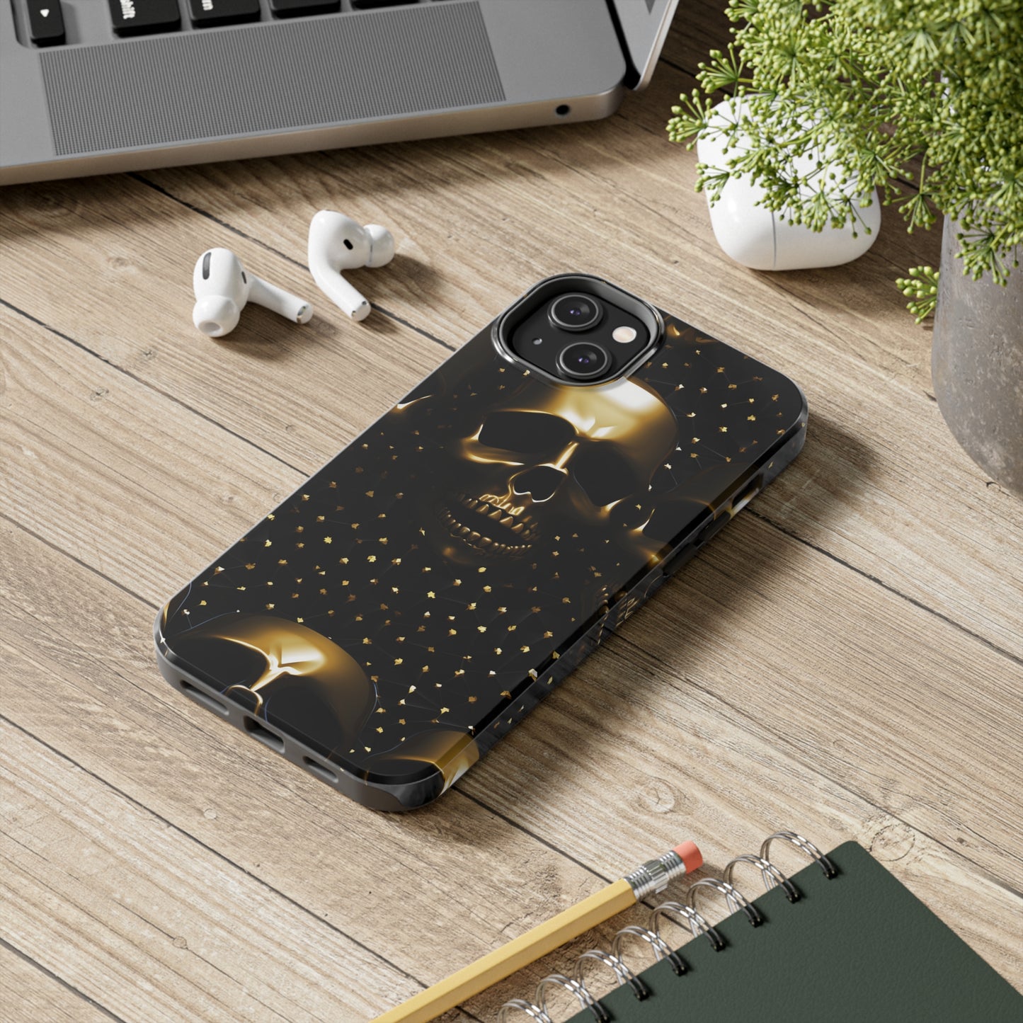 iPhone Tough Case | Dark Decadence: Gothic Gold Skulls and Studs  | Unveil Your Edgy Elegance